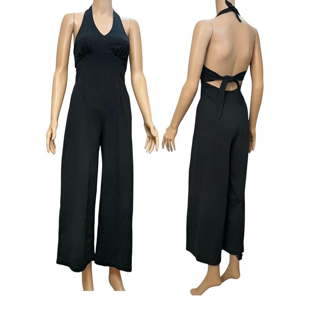 90s VTG Halter Wide Leg Jumpsuit XS Black Stretchy Knit Minimalist Casual Ankle